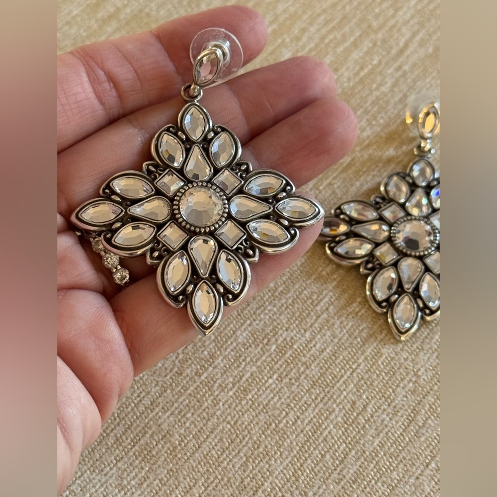 Brighton Silver-Tone Swarovski Crystal Floral Dangle Earrings - Picture 7 of 10